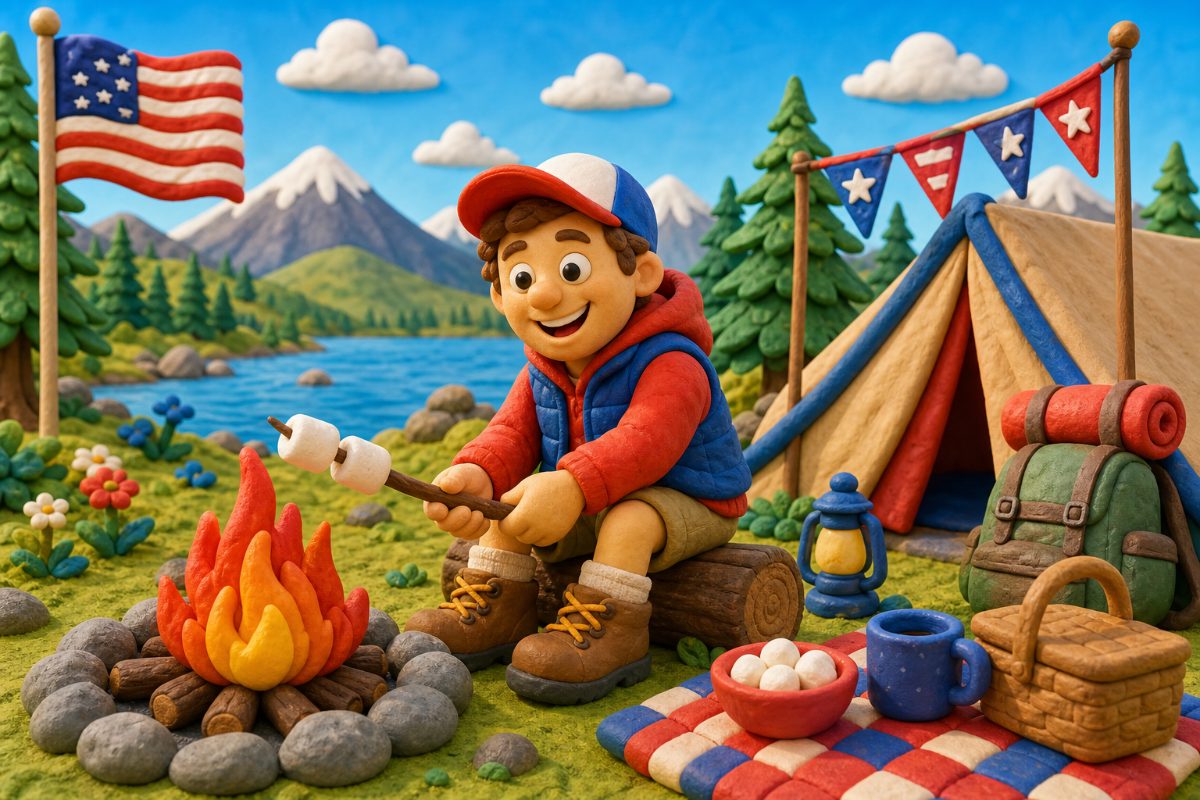 Example postcard: a happy camper from United States